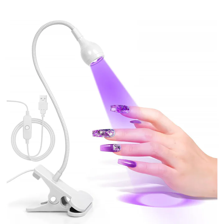Categorii - Lampa UV/LED mini Fast Lamp,360°unghi liber reglabil, Flexibila,3W, DC 3V, Pentru manichiura si pedichiura, Cablu USB negru de 1,5 metri cu buton ON/OFF, YQLAFT, Alb