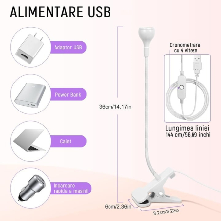 Lampa UV/LED mini Fast Lamp,360°unghi liber reglabil, Flexibila,3W, DC 3V, Pentru manichiura si pedichiura, Cablu USB negru de 1,5 metri cu buton ON/OFF, YQLAFT, Alb [2]