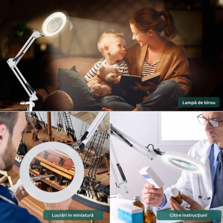Lupa de Masa LED, Marire 3x, 10 Niveluri de Intensitate, 3 Moduri de Iluminare, Brat Ajustabil, pentru Reparatii Electronice, Manichiura, Tatuaje, Mestesuguri si Lucrari Apropiate, Alimentare [3]