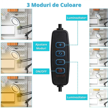 Lupa de Masa LED, Marire 3x, 10 Niveluri de Intensitate, 3 Moduri de Iluminare, Brat Ajustabil, pentru Reparatii Electronice, Manichiura, Tatuaje, Mestesuguri si Lucrari Apropiate, Alimentare [1]