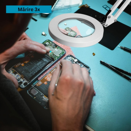 Lupa de Masa LED, Marire 3x, 10 Niveluri de Intensitate, 3 Moduri de Iluminare, Brat Ajustabil, pentru Reparatii Electronice, Manichiura, Tatuaje, Mestesuguri si Lucrari Apropiate, Alimentare [2]