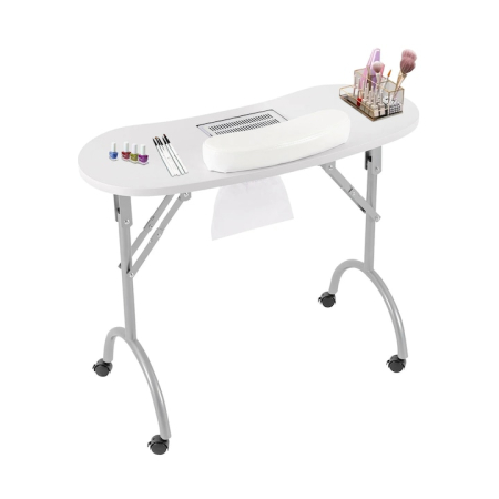 Mobilier Salon - Masa de Manichiura Pliabila, cu Sertar, Aspirator Incorporat, 90 x 40 x 72.5 cm, Portabila, Suprafata de Lucru pentru Ingrijirea Unghiilor, Culoare Alb