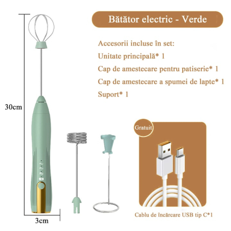 Mixer spumator de lapte 2 in 1, Yulinland®, acumulator reincarcabil USB, cu 2 capete, 3 trepte de viteza, pentru capucino, machiato, ness cafe, ciocolata calda, super portabil, cu holder, Verde [3]