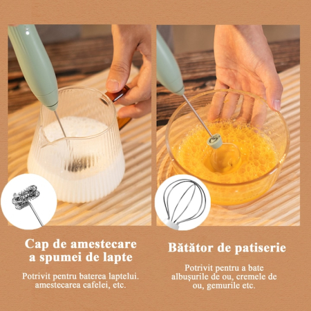 Mixer spumator de lapte 2 in 1, Yulinland®, acumulator reincarcabil USB, cu 2 capete, 3 trepte de viteza, pentru capucino, machiato, ness cafe, ciocolata calda, super portabil, cu holder, Verde [1]