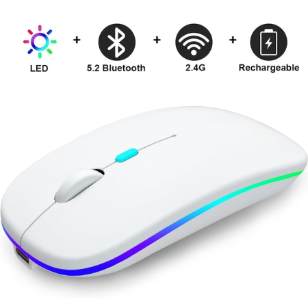 Echipamente PC - Mouse optic wireless iNext 2.4G si Bluetooth dual-mode, cu iluminare RGB, receptor USB, butoane mute, cu buton DPI, reglabil 800/1200/1600DPI, ergonomic, pentru laptop PC Mac, 500mAh, alb
