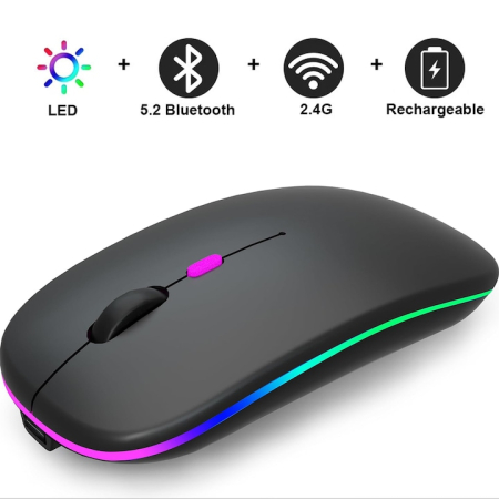 Echipamente PC - Mouse optic wireless iNext 2.4G si Bluetooth dual-mode, cu iluminare RGB, receptor USB, butoane mute, cu buton DPI, reglabil 800/1200/1600DPI, ergonomic, pentru laptop PC Mac, 500mAh, negru