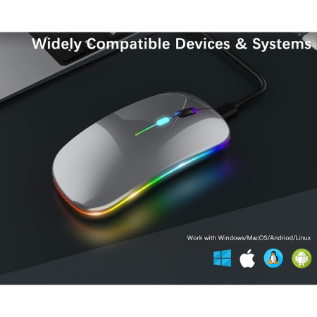 Mouse optic wireless iNext 2.4G si Bluetooth dual-mode, cu iluminare RGB, receptor USB, butoane mute, cu buton DPI, reglabil 800/1200/1600DPI, ergonomic, pentru laptop PC Mac, 500mAh, gri [5]