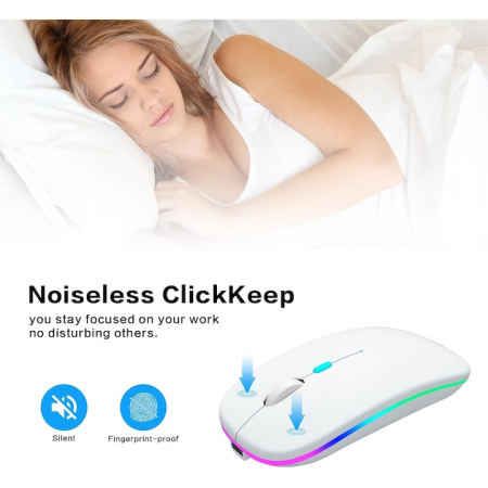 Mouse optic wireless iNext 2.4G si Bluetooth dual-mode, cu iluminare RGB, receptor USB, butoane mute, cu buton DPI, reglabil 800/1200/1600DPI, ergonomic, pentru laptop PC Mac, 500mAh, alb [2]