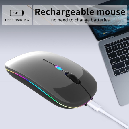 Mouse optic wireless iNext 2.4G si Bluetooth dual-mode, cu iluminare RGB, receptor USB, butoane mute, cu buton DPI, reglabil 800/1200/1600DPI, ergonomic, pentru laptop PC Mac, 500mAh, gri [3]