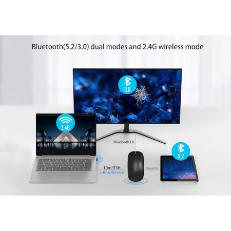 Mouse optic wireless iNext 2.4G si Bluetooth dual-mode, cu iluminare RGB, receptor USB, butoane mute, cu buton DPI, reglabil 800/1200/1600DPI, ergonomic, pentru laptop PC Mac, 500mAh, gri [6]