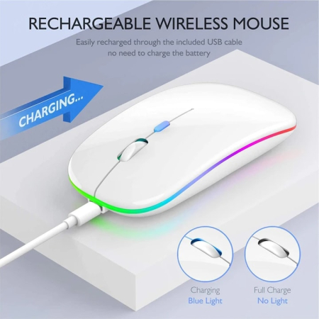 Mouse wireless, Reincarcabil si fara zgomot BT5.2 + 2.4Ghz, Receptor USB, 7 culori cu LED-uri, Ergonomic, Reglabil 800/1200/1600DPI, Pentru laptop, PC, Mac, Alb [3]