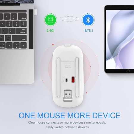 Mouse wireless, Reincarcabil si fara zgomot BT5.2 + 2.4Ghz, Receptor USB, 7 culori cu LED-uri, Ergonomic, Reglabil 800/1200/1600DPI, Pentru laptop, PC, Mac, Alb [2]