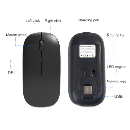 Mouse wireless, Zggzerg, Bluetooth 5.2 si 2.4Ghz, Receptor USB, Reglabil 800/1200/1600DPI, Mut, Reincarcabil, Cu LED RGB, 500mAh, Ergonomic, Pentru laptop, PC, Mac, Negru mat [4]