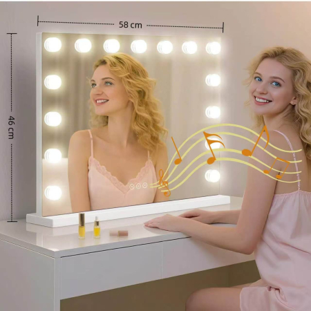Oglinda cosmetica - Oglinda cosmetica, Cu iluminare LED, Lumina in 3 culori, Luminozitate reglabila, Functie de memorie tactila, 58x12x46cm