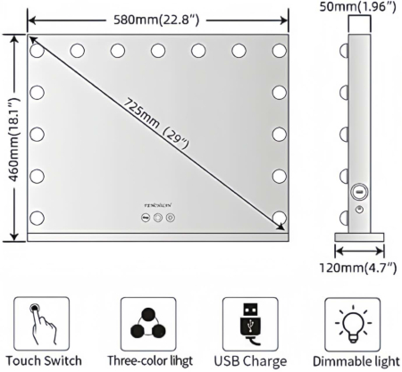 Oglinda cosmetica, Cu iluminare LED, Lumina in 3 culori, Luminozitate reglabila, Functie de memorie tactila, 58x12x46cm [4]