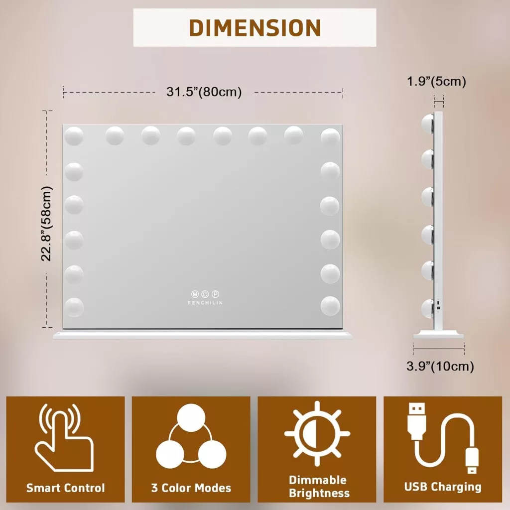 Oglinda de machiaj, 18 Becuri LED reglabile, 3 moduri de lumina, 80x60 cm [1]