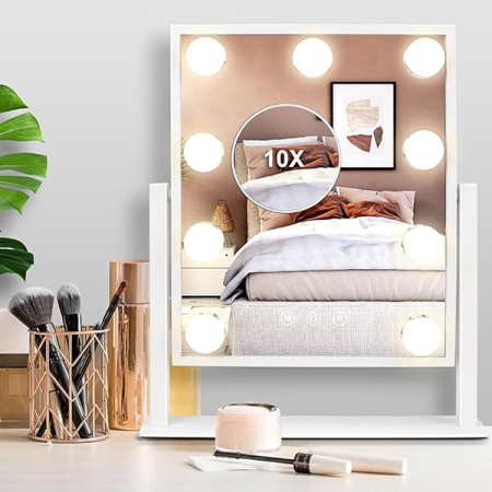 Oglinda machiaj , Cu 9 becuri si Oglinda detasabila cu marire 10X, modul 3 culori, Luminozitate reglabila, Touch Switch, Potrivit pentru dormitoare, saloane de coafura, magazine de haine,alb [1]