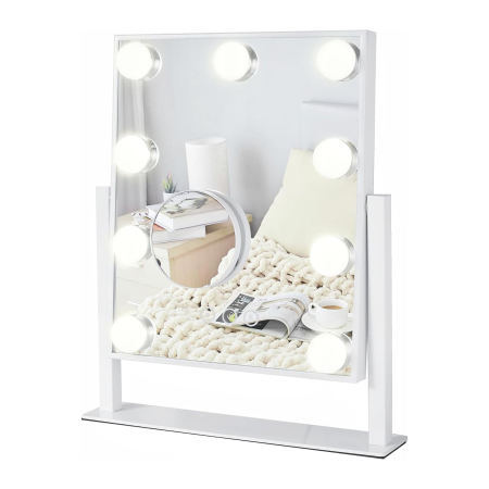 Oglinda - Oglinda machiaj , Cu 9 becuri si Oglinda detasabila cu marire 10X, modul 3 culori, Luminozitate reglabila, Touch Switch, Potrivit pentru dormitoare, saloane de coafura, magazine de haine,alb