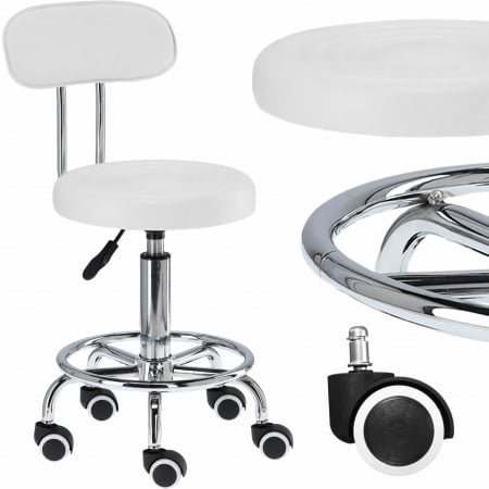 Scaun Cosmeticiana Cu Spatar, Alb, Taburet Cu Roti, Pentru Salon Cosmetica [3]