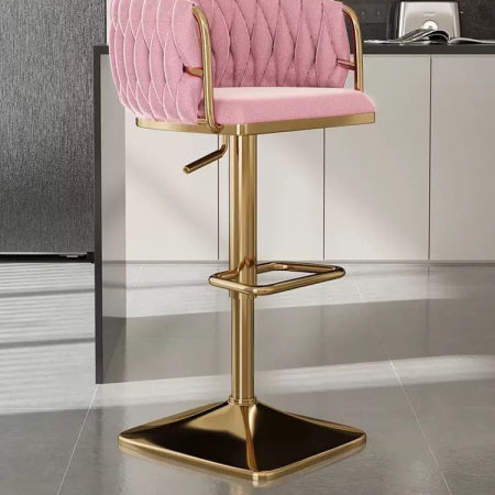 Scaun - Scaun de Bar cu Auriu, Catifea Roz Reglabil inaltime si Rotativ, Lux