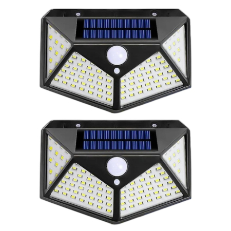 Aplica - Set 2 lampi cu incarcare solara, cu senzori de amurg, miscare si lumina, 3 trepte de iluminare, 100 x LED, Negre