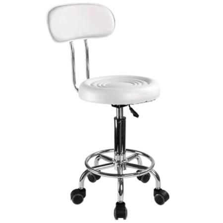 Set 5 bucati - Scaun hidraulic cu spatar si roti, Alb, Taburet rotativ, Pentru salon, Cosmetica, Manichiura, Pedichiura, Frizerie, Coafor, Piele ecologica, Cu suport pentru picioare [1]