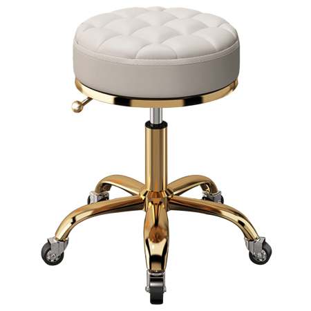 Scaun - Taburet Gold pentru cosmetician – scaun rotund hidraulic, alb cu auriu, profesional pentru salon