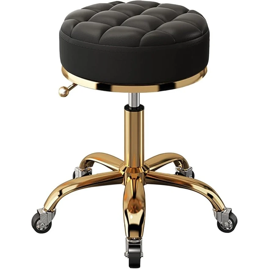 Scaun - Taburet Gold pentru cosmetician – scaun rotund hidraulic, negru cu auriu, profesional pentru salon