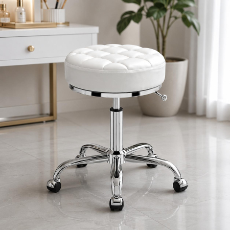 Taburet pentru cosmetician – scaun rotund hidraulic, alb cu argintiu, profesional pentru salon [1]