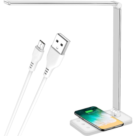 Lampi Birou - Veioza lampa LED Smarter pentru casa si birou, control touch, incarcator wireless QI pentru telefon sau casti, port USB, temporizator, lumina in 5 culori-calda sau rece, ajustare intensitate cu atinge