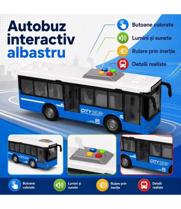 Autobuz Urban Interactiv Pentru Copii, Cu 4 Butoane, Lumini Si Sunete, Mecanism Cu Inertie, Roti Mobile, Jucarie Educativa [3]
