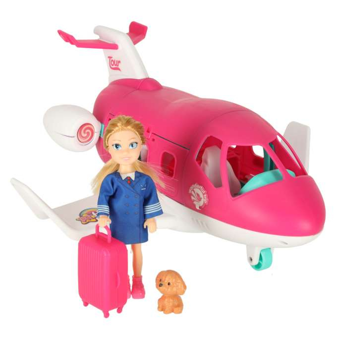 Avion pentru păpuși cu stewardesă și accesorii, set de călătorie cu valiză, cărucior și cățeluș, [8]