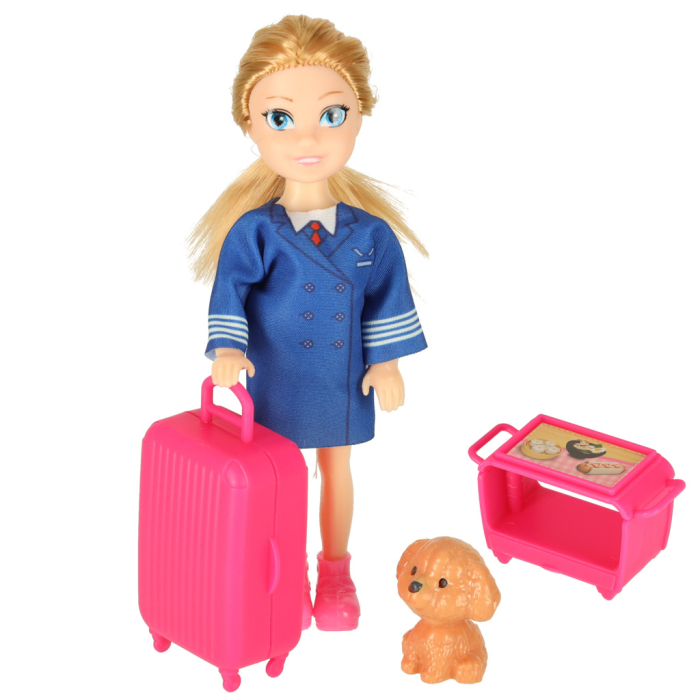 Avion pentru păpuși cu stewardesă și accesorii, set de călătorie cu valiză, cărucior și cățeluș, [2]