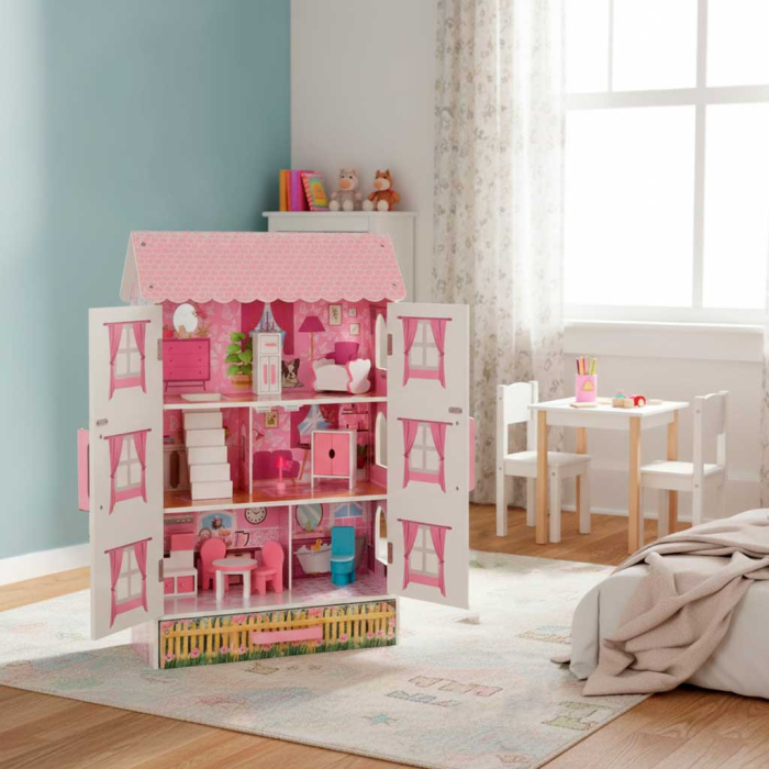 Casă de Păpuși din Lemn Lulilo Papilio, 3 Niveluri, 4 Camere, Mobilier Inclus, Sertar pentru Depozitare, 80 cm, Roz și Alb [4]