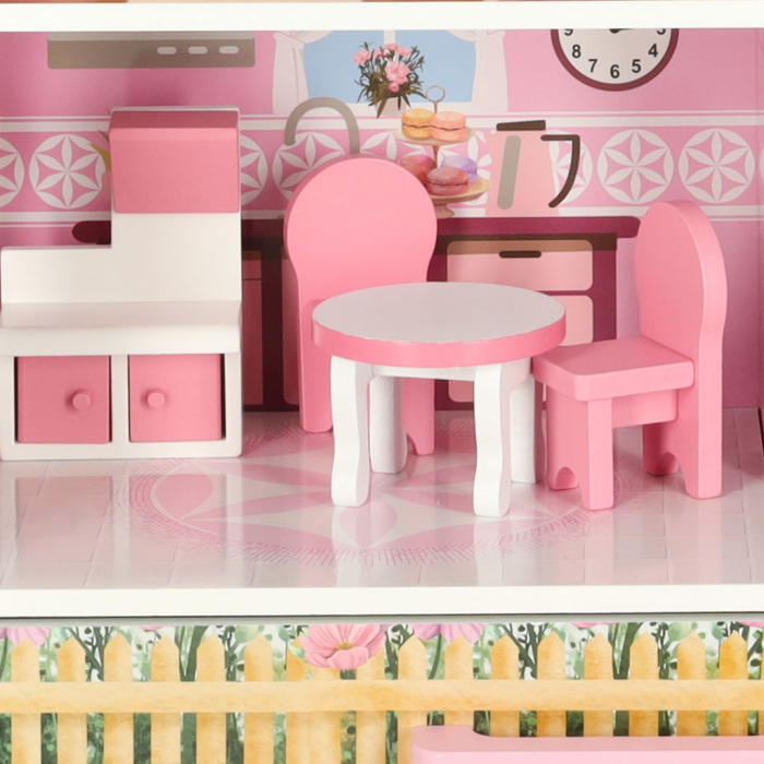 Casă de Păpuși din Lemn Lulilo Papilio, 3 Niveluri, 4 Camere, Mobilier Inclus, Sertar pentru Depozitare, 80 cm, Roz și Alb [8]
