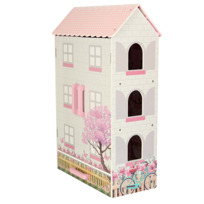 Casă de Păpuși din Lemn Lulilo Papilio, 3 Niveluri, 4 Camere, Mobilier Inclus, Sertar pentru Depozitare, 80 cm, Roz și Alb [10]
