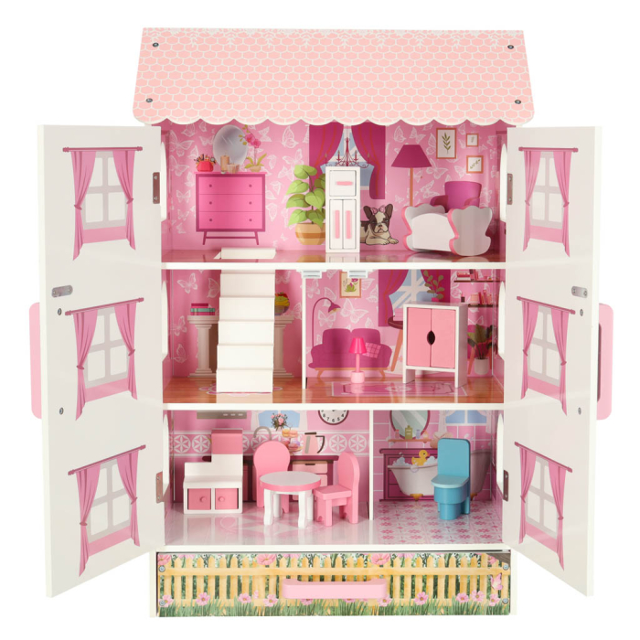Casă de Păpuși din Lemn Lulilo Papilio, 3 Niveluri, 4 Camere, Mobilier Inclus, Sertar pentru Depozitare, 80 cm, Roz și Alb [5]