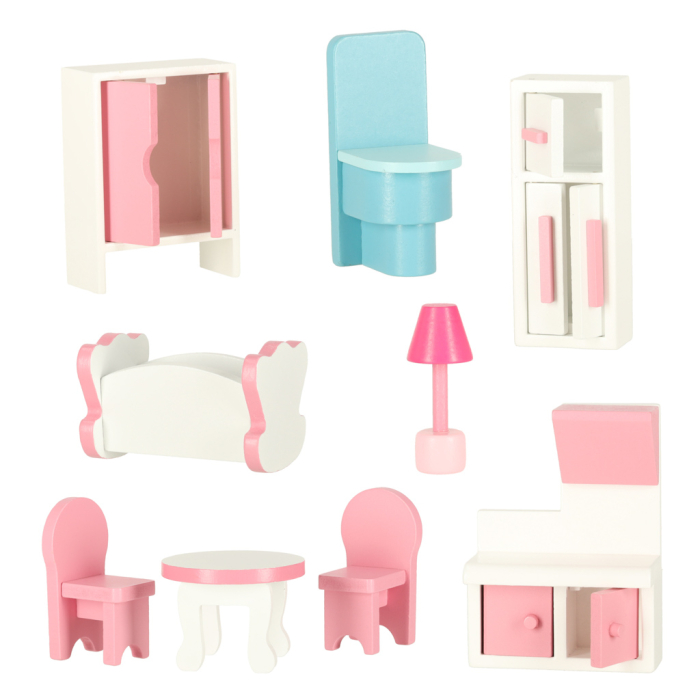 Casă de Păpuși din Lemn Lulilo Papilio, 3 Niveluri, 4 Camere, Mobilier Inclus, Sertar pentru Depozitare, 80 cm, Roz și Alb [11]