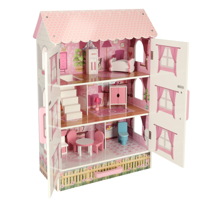 Casă de Păpuși din Lemn Lulilo Papilio, 3 Niveluri, 4 Camere, Mobilier Inclus, Sertar pentru Depozitare, 80 cm, Roz și Alb [13]