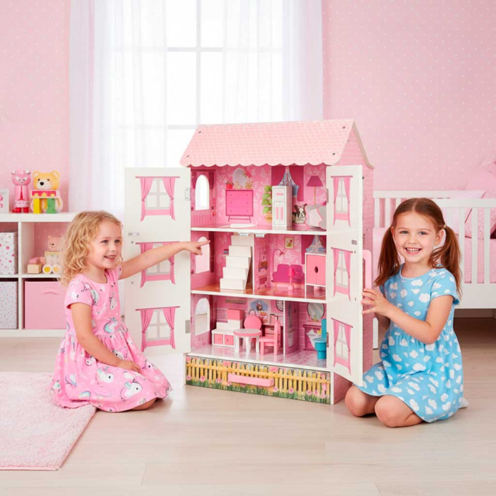 Casă de Păpuși din Lemn Lulilo Papilio, 3 Niveluri, 4 Camere, Mobilier Inclus, Sertar pentru Depozitare, 80 cm, Roz și Alb [3]