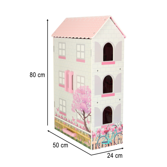 Casă de Păpuși din Lemn Lulilo Papilio, 3 Niveluri, 4 Camere, Mobilier Inclus, Sertar pentru Depozitare, 80 cm, Roz și Alb [12]