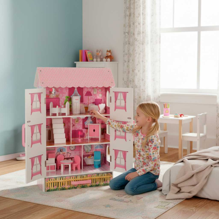 Casă de Păpuși din Lemn Lulilo Papilio, 3 Niveluri, 4 Camere, Mobilier Inclus, Sertar pentru Depozitare, 80 cm, Roz și Alb [2]