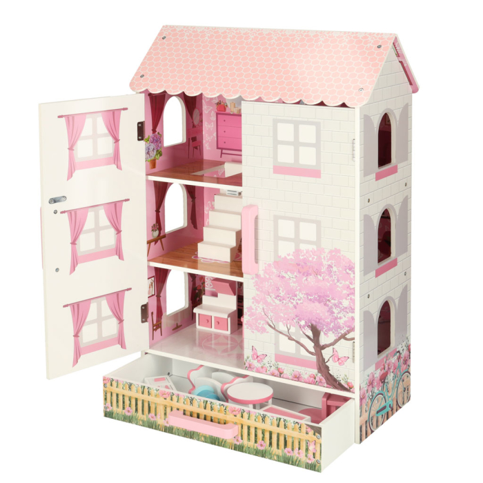 Casă de Păpuși din Lemn Lulilo Papilio, 3 Niveluri, 4 Camere, Mobilier Inclus, Sertar pentru Depozitare, 80 cm, Roz și Alb [9]