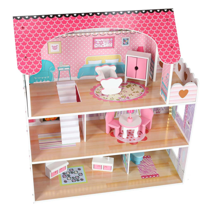Casă de Păpuși din Lemn MDF, 70 cm, 3 Etaje și 5 Camere, Mobilier Inclus, Iluminare LED [3]