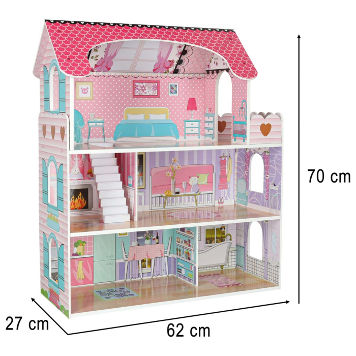 Casă de Păpuși din Lemn MDF, 70 cm, 3 Etaje și 5 Camere, Mobilier Inclus, Iluminare LED [7]