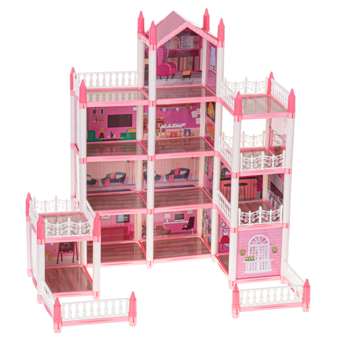 Casă de Păpuși DIY cu 4 Etaje, Mobilier, Grădină și 3 Terase, Vilă Roz pentru Păpuși, Set de Asamblat, 61 cm [13]