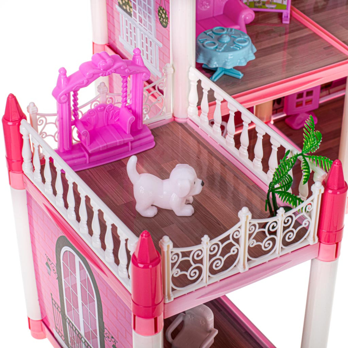 Casă de Păpuși DIY cu 4 Etaje, Mobilier, Grădină și 3 Terase, Vilă Roz pentru Păpuși, Set de Asamblat, 61 cm [4]