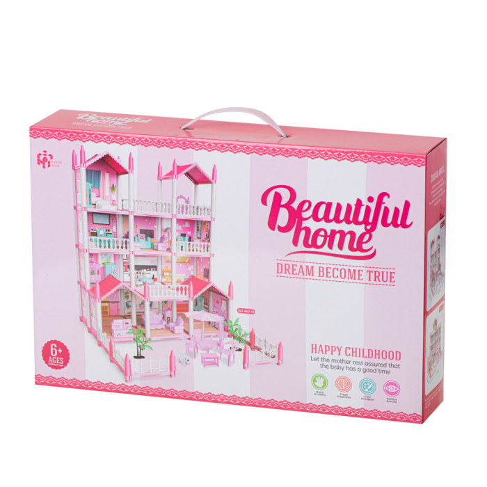 Casă de Păpuși DIY cu 4 Etaje, Mobilier, Grădină și 3 Terase, Vilă Roz pentru Păpuși, Set de Asamblat, 61 cm [11]