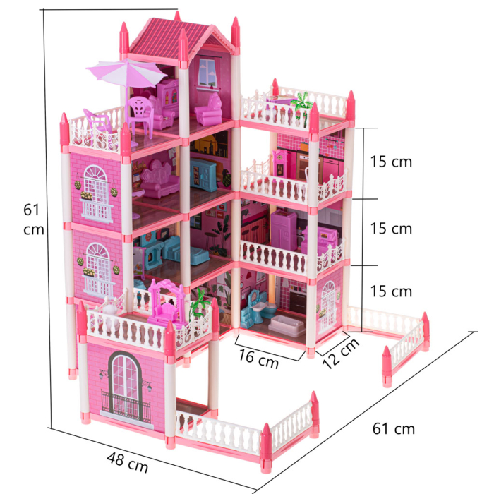 Casă de Păpuși DIY cu 4 Etaje, Mobilier, Grădină și 3 Terase, Vilă Roz pentru Păpuși, Set de Asamblat, 61 cm [6]