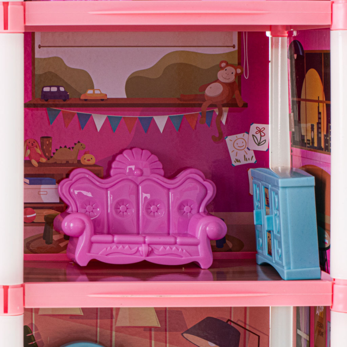 Casă de Păpuși DIY cu 4 Etaje, Mobilier, Grădină și 3 Terase, Vilă Roz pentru Păpuși, Set de Asamblat, 61 cm [8]
